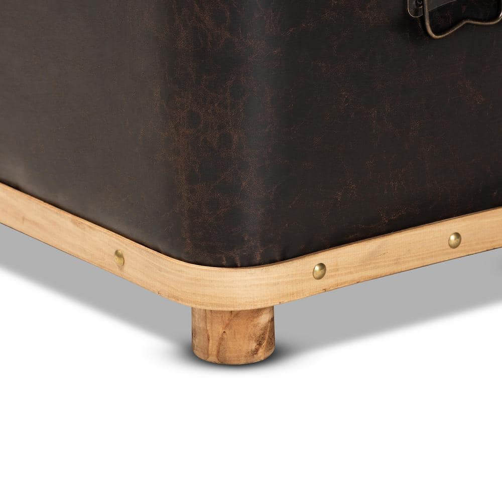Dark Brown Faux Leather Tufted Storage Footstool with Oak Wood Bands