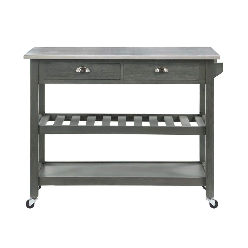 Wirebrush Dark Gray Stainless Steel Kitchen Cart with Wine Rack