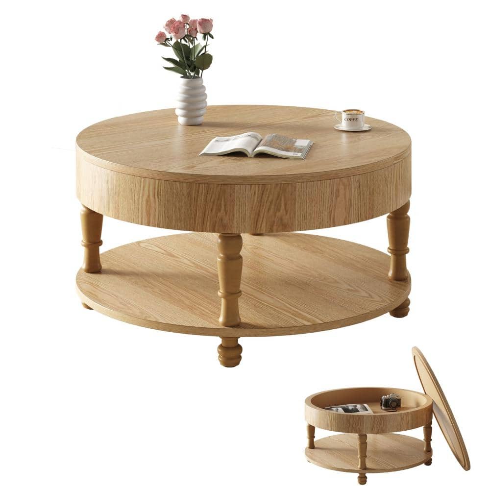 31.5 in. Natural Wood Round Solid Wood Coffee Table with Flip-Top Hidden Storage and Open Shelf