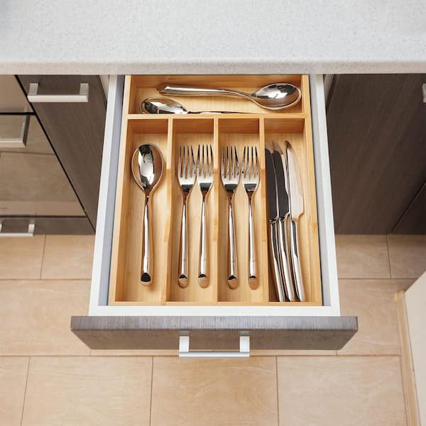 Bamboo Kitchen Drawer Organizer, 10 in. Silverware Utensil Tray Holder, 5 Slots Bamboo Wood Caddy with Grooved Divider
