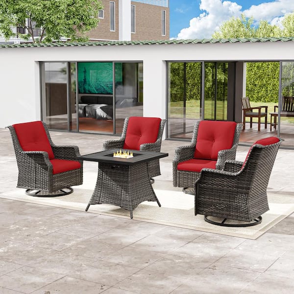 JOYSIDE 5-Piece Qutdoor Wicker Patio Fire Pit Swivel Rocking Chair Set with Square Fire Pit Table and Red Cushions