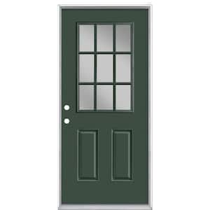 36 in. x 80 in. 9 Lite Conifer Right-Hand Inswing Painted Smooth Fiberglass Prehung Front Door with No Brickmold