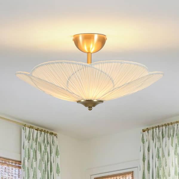 Folar 3-Light 20 in. W Brass Semi Flush Mount Ceiling Light with White Pleated Fabric Shade for Bedroom or Entryway