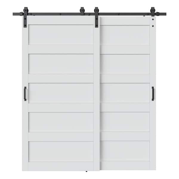 77 in. x 84 in. (Double 42 in.) 5-Panel White MDF Interior Double Bypass Sliding Barn Door with Hardware Kit