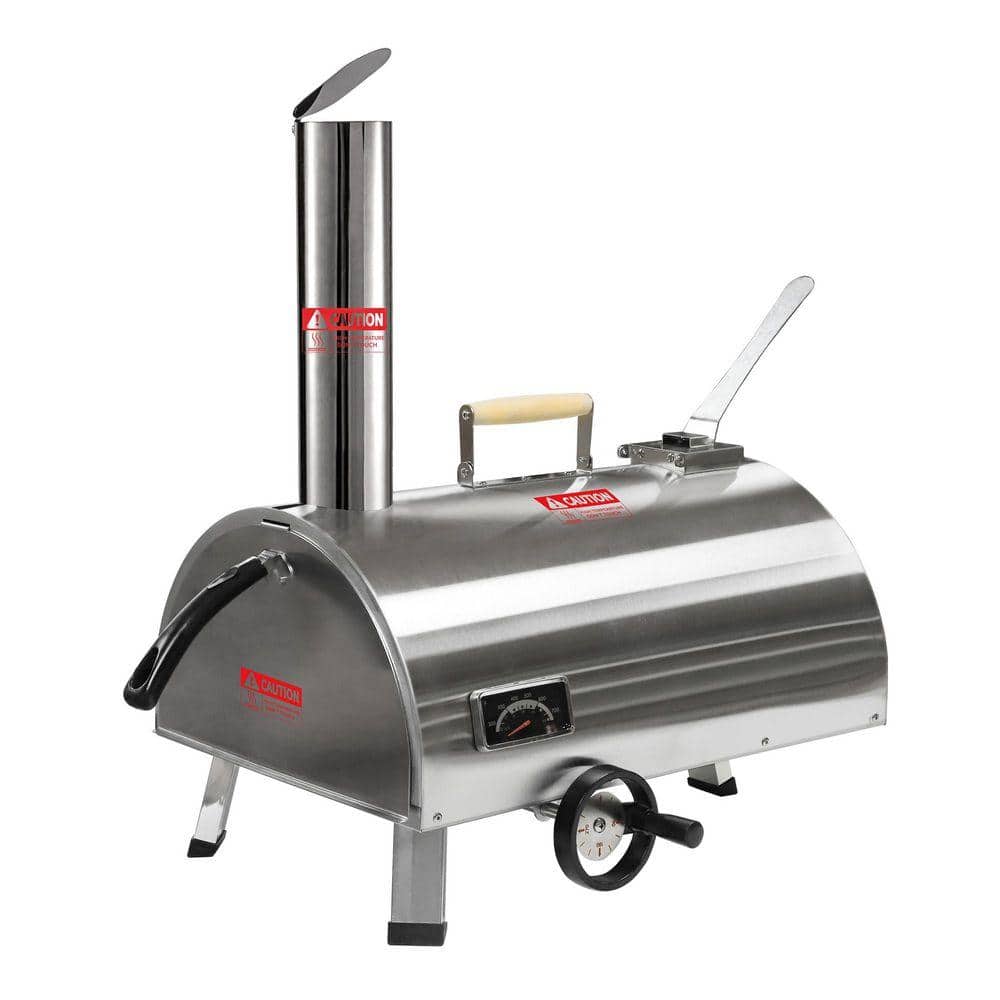 12 in. Wood Fired Semi-Automatic Rotatable Outdoor Pizza Oven with Built-in Thermometer in Silver, Silver Pizza Oven