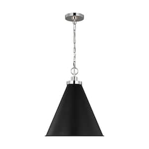 Wellfleet 15.625 in. W x 19 in. H 1-Light Midnight Black/Polished Nickel Medium Cone Pendant Light with Steel Shade