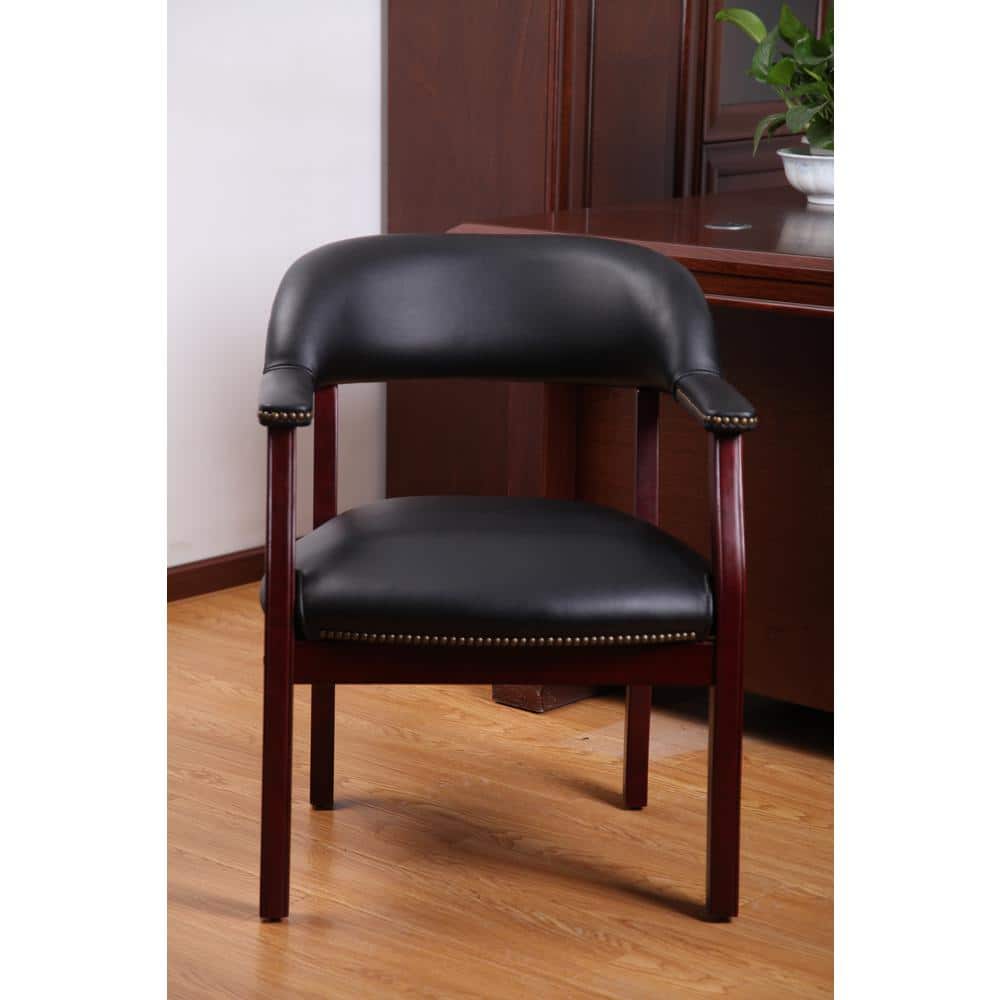 Elegant Mahogany Wood & Black Faux Leather Upholstered Arm Chair