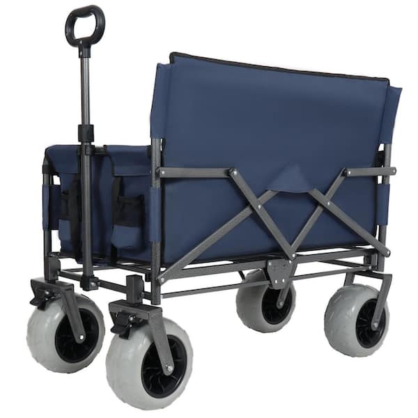 Folding Wagon with Bench Seat-500 lbs (6.4 cu. ft) Steel Garden Cart, 9 in. x 4 in. Beach Tires in Dark Blue