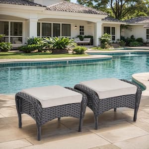 Black Wicker Outdoor Ottoman with Beige Cushions (2-Pack)