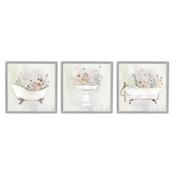 Soft Floral Bathroom Scenes by Stella Chang 3-Piece Gray Framed Giclee Art Print Typography 12 in. x 12 in.