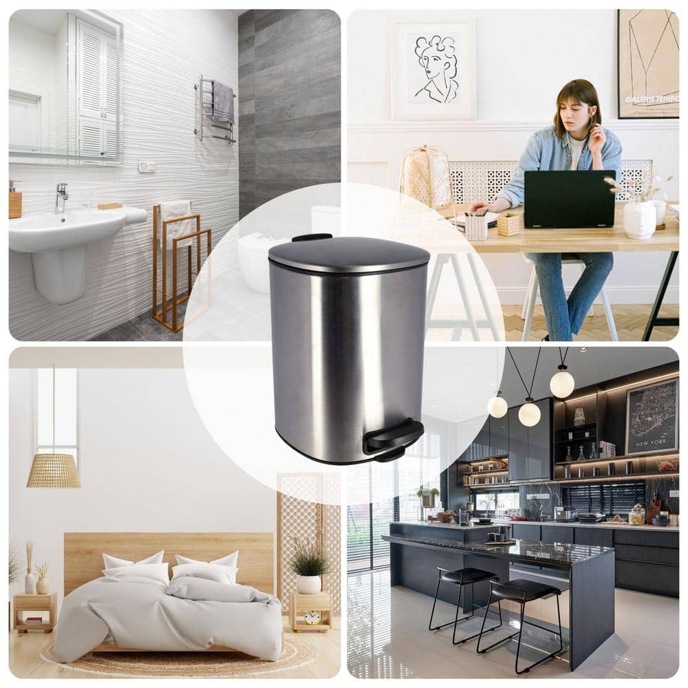 Large Chrome Metal Trash Can with Silent Soft Close Lid and Foot Pedal