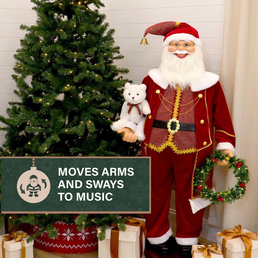 58" Red Velvet Dancing Santa with Bear and Wreath