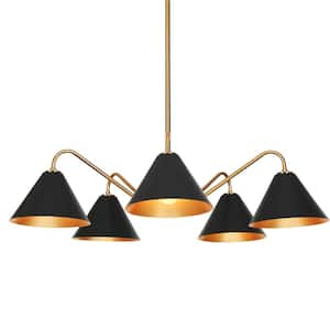 Wadulatiflia Modern Mid-Century 5-Lights Black and Plating Brass Sputnik Chandeliers with Cone Shade for Dining Room