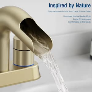 4 in. Centerset Double Handle Waterfall Spout Bathroom Faucet with Pop-Up Assembly in Brushed Gold