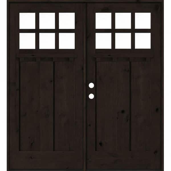 64 in. x 80 in. Knotty Alder Right-Hand/Inswing Double DS 6-Lite Clear Glass True Black Stain Wood Prehung Front Door