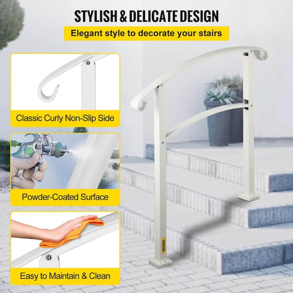 Adjustable Outdoor Step Handrail - 3 Step Stair Railing For Porch, Deck & Indoor Stairs (White)