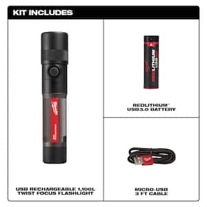 1100 Lumens LED USB Rechargeable Twist Focus Flashlight with REDLITHIUM USB Charger and Portable Power Source Kit