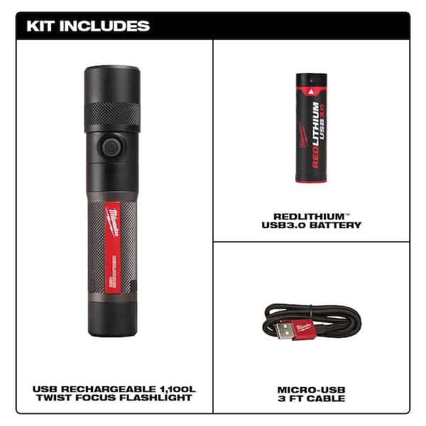 Milwaukee 1100 Lumens LED USB Rechargeable Twist Focus Flashlight & 600 Lumens 360-Degree Visibility Hard Hat Headlamp