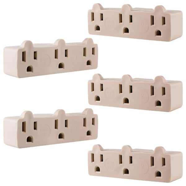 GE Heavy-Duty 3-Outlet Grounded Tap Adapter Plug, Light Almond (5-Pack)