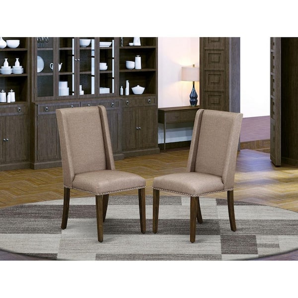 East West Furniture Jacobean, Parsons Dining Chairs - Nailhead Trim Dark Khaki Linen Fabric Padded Chairs, Set Of 2