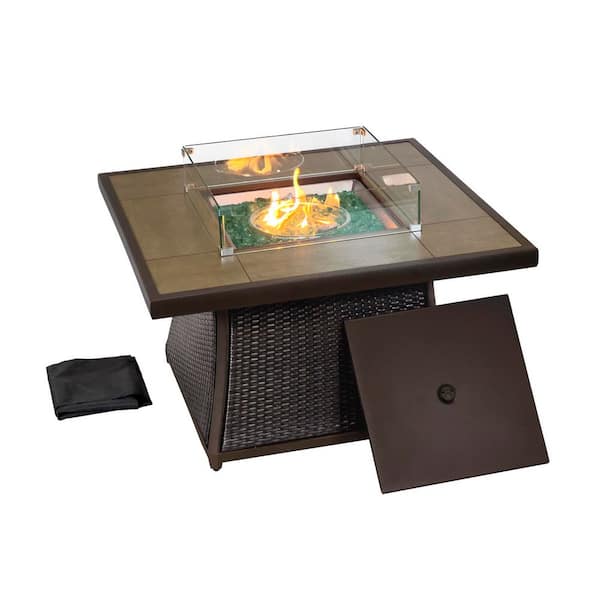Kinger Home Elio 42 in. Rattan Tile Top Propane Gas Outdoor Patio Fire Pit Table with Aluminum Frame in Brown