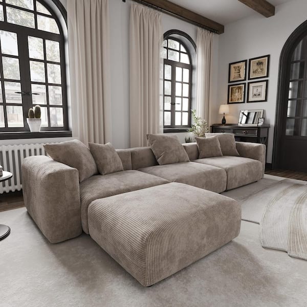 141.72 in. Square Arm Corduroy Velvet 4-Pieces Modular Free Combination Sectional Sofa with Ottoman in Brown