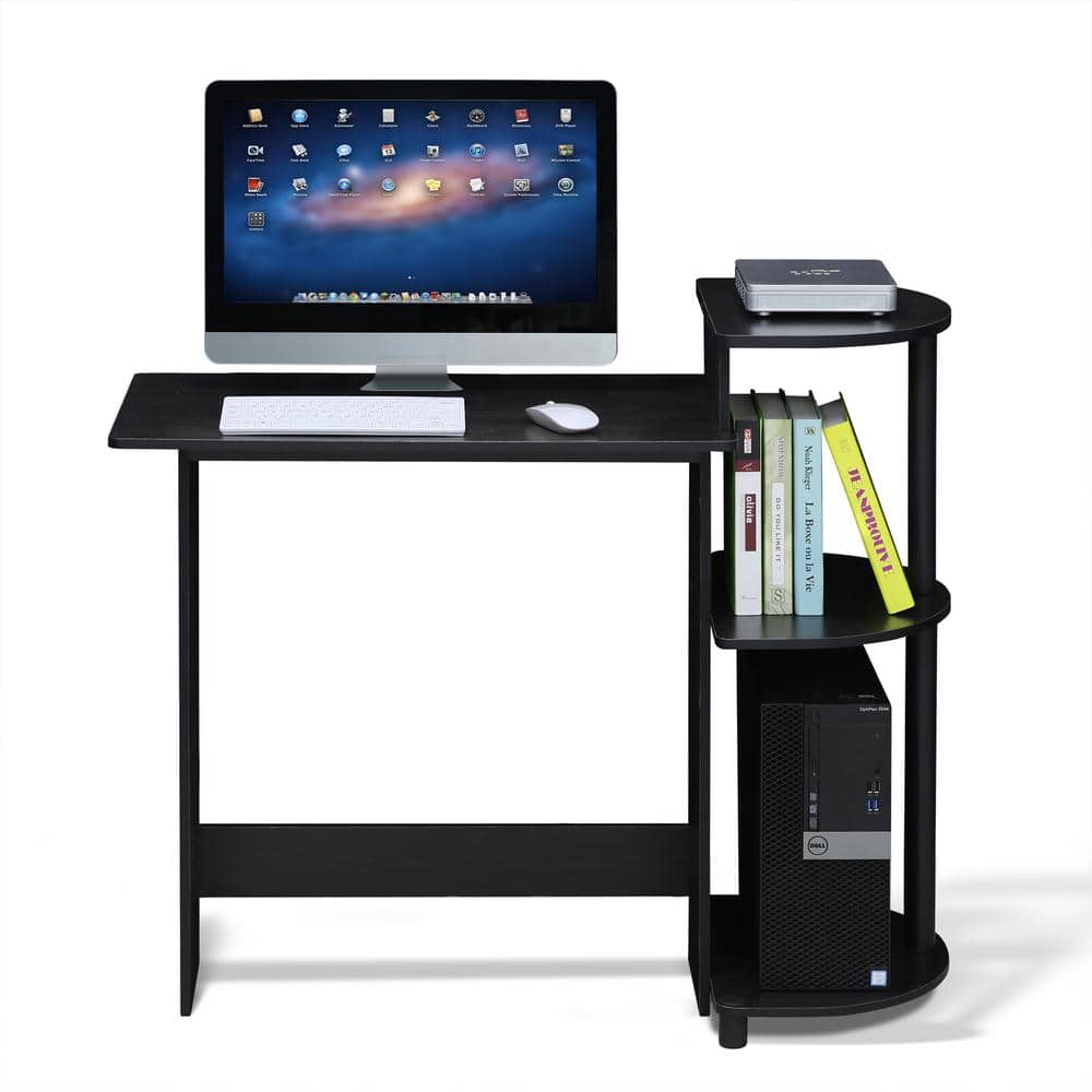 Compact Black Wood Computer Desk with Shelves