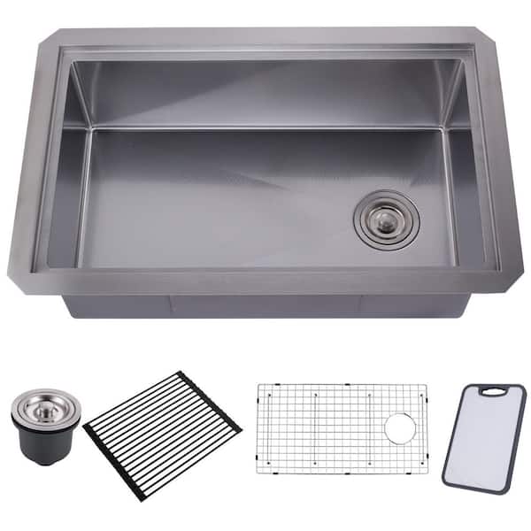 30 in. Drop-in/Undermount Single Bowl 18 Gauge Gunmetal Brushed Nickel Stainless Steel Kitchen Sink with Bottom Grids