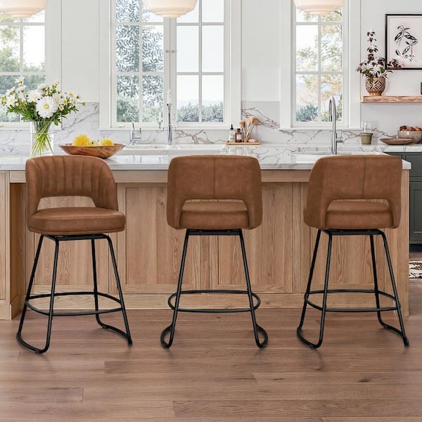 26 in. Brown Faux Leather Swivel Bar Stool Metal Frame Upholstered Counter Height Barstools with High Back (Set of 3)
