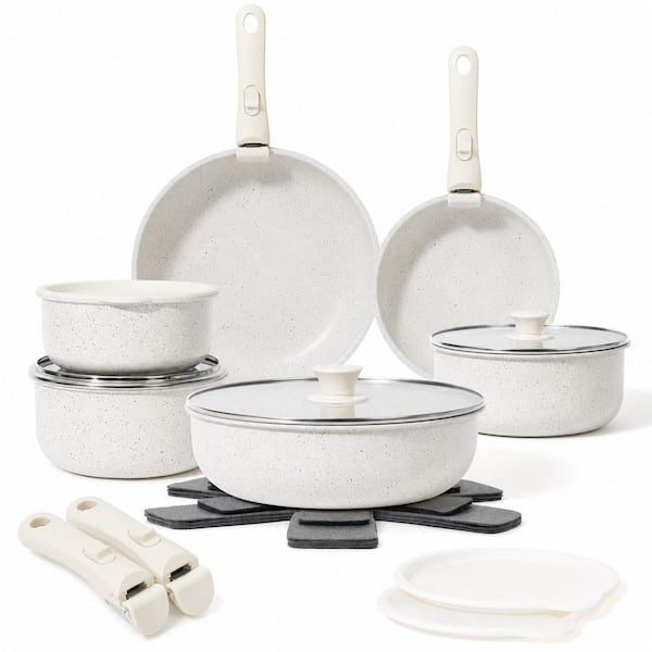 15-Piece Aluminum Pots and Pans Set Non Stick, Cookware Sets with Detachable Handle, Oven Safe, Induction Fast, White