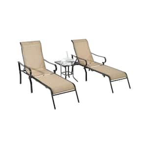 3-Piece Brown Metal Outdoor Chaise Lounge Patio Conversation Set with Adjustable Backrest and Tempered Glass Table