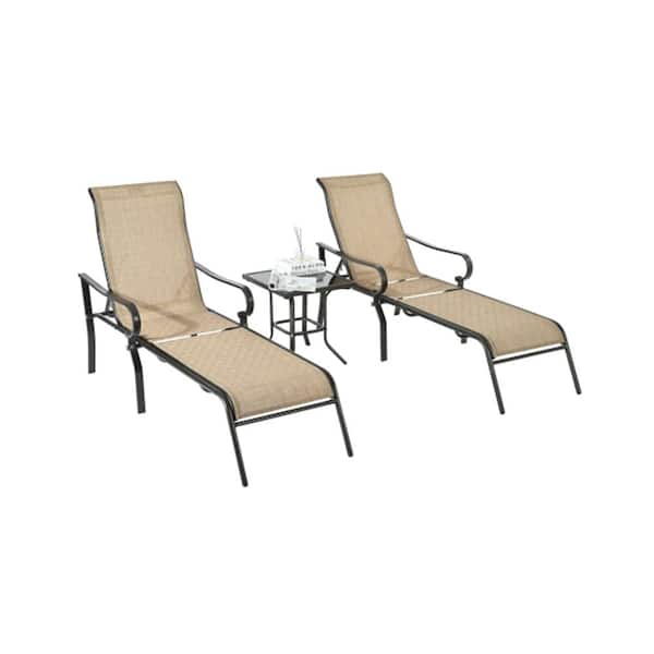 Misopily 3-Piece Brown Metal Outdoor Chaise Lounge Patio Conversation Set with Adjustable Backrest and Tempered Glass Table