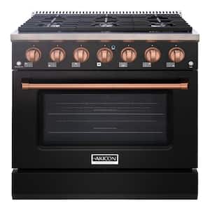 36in. 6 Burners Freestanding Gas Range in Black and Copper with Convection Fan Cast Iron Grates and Black Enamel Top