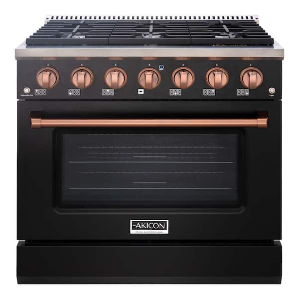 Akicon 36in. 6 Burners Freestanding Gas Range in Black and Copper with Convection Fan Cast Iron Grates and Black Enamel Top