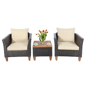 3-Piece Wicker Patio Conversation Set with Beige Cushions