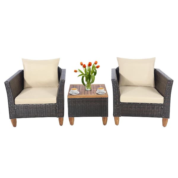 LIVIZA 3-Piece Wicker Patio Conversation Set with Beige Cushions