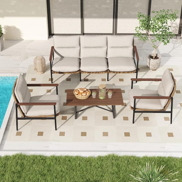 EGEIROSLIFE PureCane 4-Piece Aluminum Wicker Patio Conversation Set with 3-Seat Sofa, Coffee Table and Light Gray Cushions