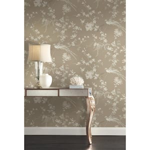 Ronald Redding Brown Bird and Blossom Chinoserie Paper Unpasted Matte Wallpaper (27 in. x 27 ft.)