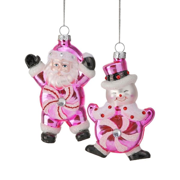 4 in. Glass Candy Snowman and Santa Ornament (Set of 2)