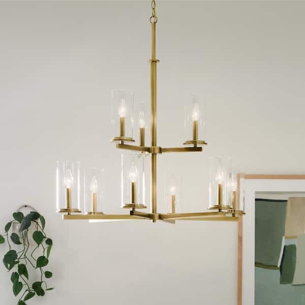 KICHLER Crosby 32.5 in. 9-Light Natural Brass 2-Tier Contemporary Candlestick Cylinder Chandelier for Dining Room