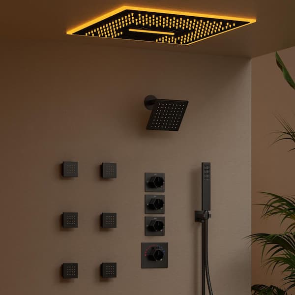 16 in. AuroraMist LED Shower 6-Spray Dual Ceiling Mount Fixed and Handheld Shower Head 2.5 GPM in Matte Black