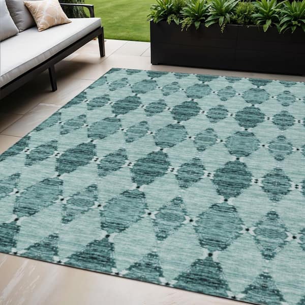 Teal Blue, Aqua, Charcoal 5 ft. x 8 ft. Woven Moroccan Polyester Rectangle Indoor/Outdoor Area Rug