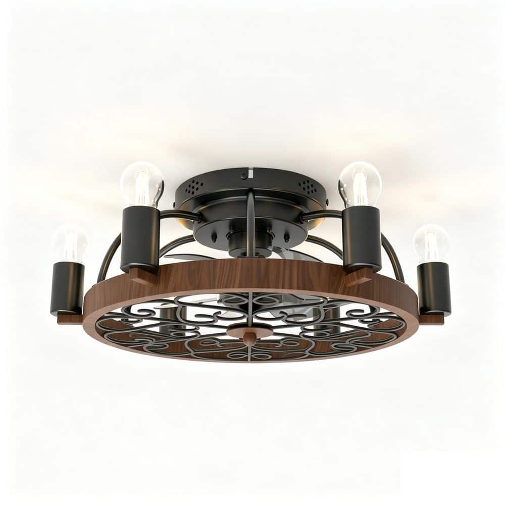 20.47 in. Farmhouse Rustic Matte Black Caged and Wood-Tone Flush Mount Ceiling Fan with 6-Light, Remote Included price history on PriceWatchPro