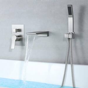 Single-Handle Wall-Mount Roman Tub Faucet with Hand Shower and Waterfall Spout in Brushed Nickel (Valve Included)