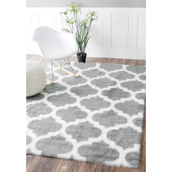 Trellis Faux Sheepskin Plush Shag Gray 7 ft. x 9 ft. Area Rug