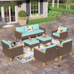 Brown Rattan Wicker 9 Seat 9-Piece Steel Outdoor Patio Conversation Set with Blue Cushions