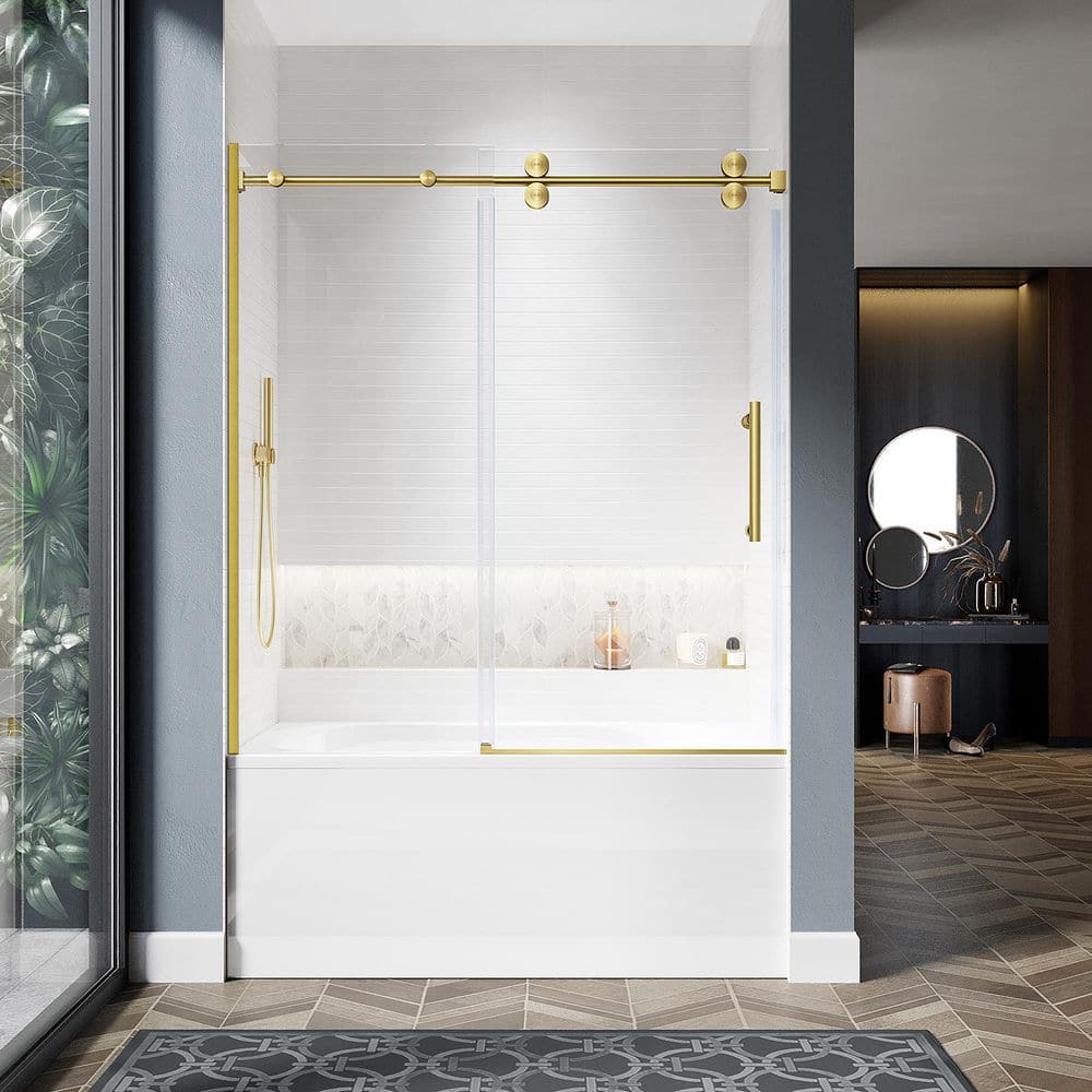 UKS04 56 to 60 in. W x 66 in. H U-Channel Sliding Frameless Bathtub Door, Satin Brass, EnduroShield 3/8 in. Clear Glass price history on PriceWatchPro