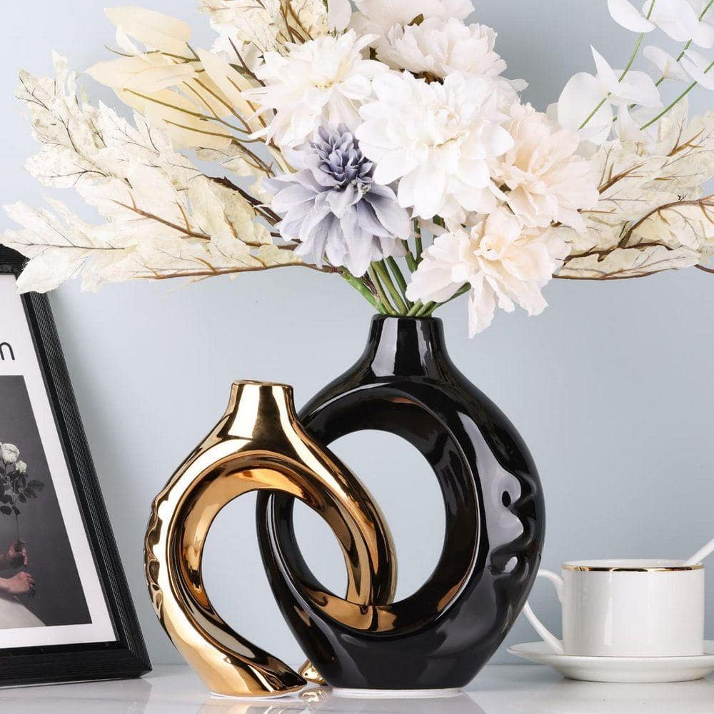 Black Gold Ceramic Vase Set of 2 for Modern Home Decor, Round Boho Vase ...