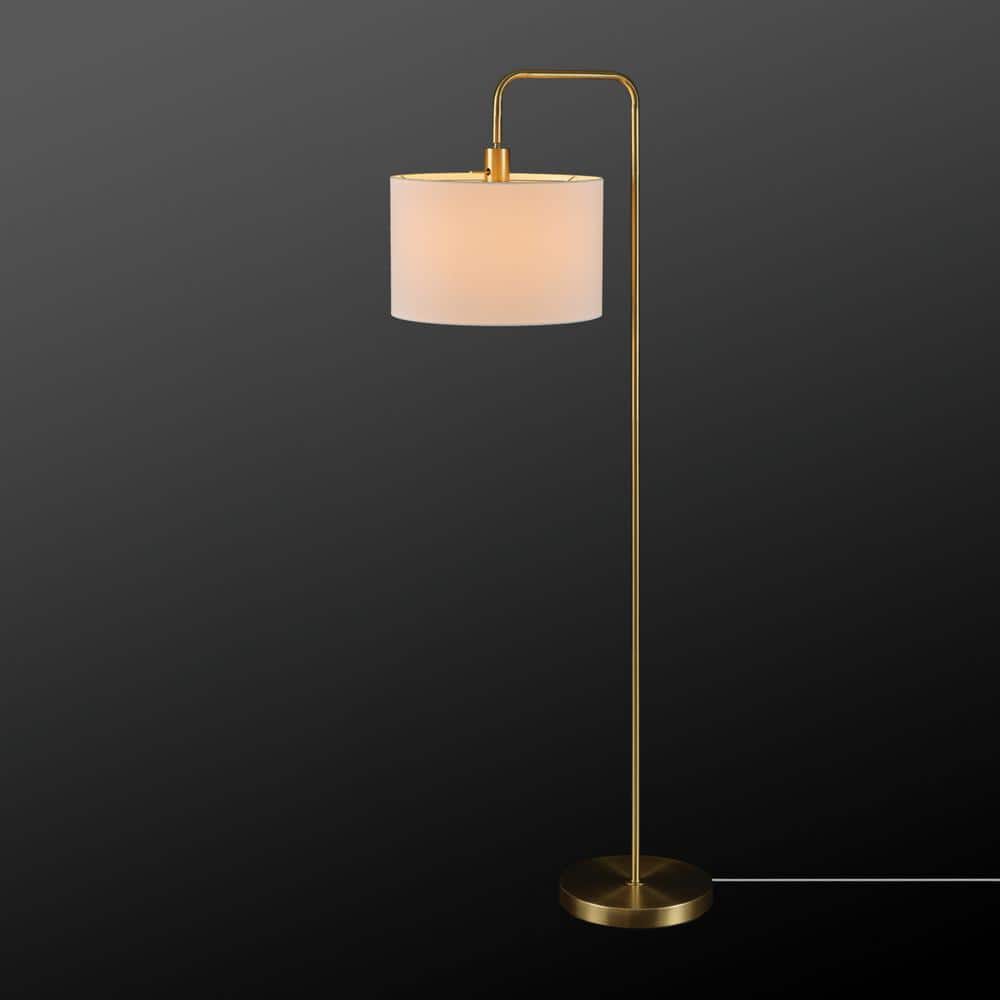58" Brass Floor Lamp with White Linen Drum Shade