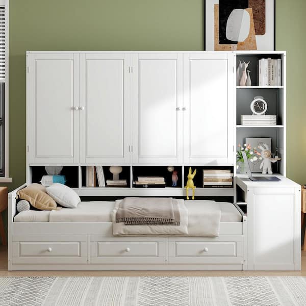White Stylish Modern Wood Twin Daybed with Built-In Cabinet, 3 Drawers, Desk-Versatile Design with 2 Assembly Options